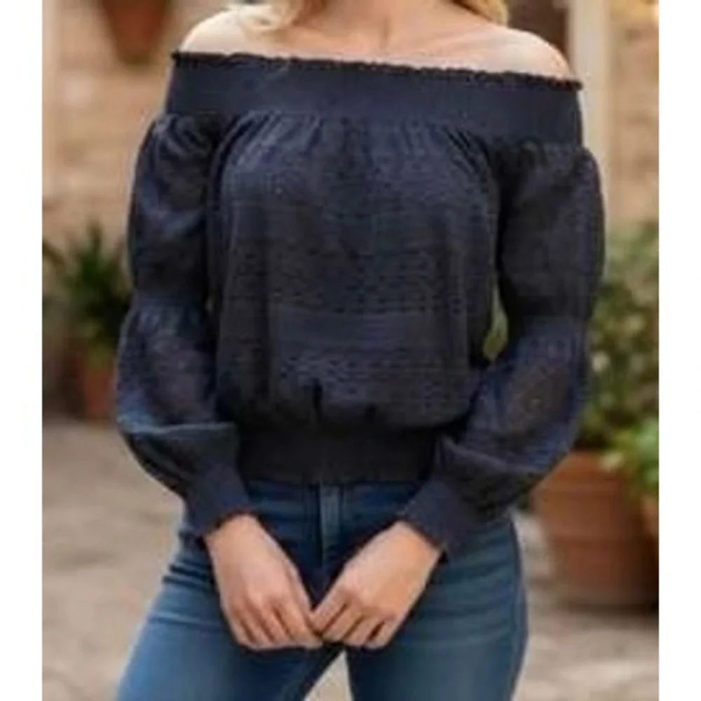 (B6) Zara Black Pointelle Lace Off the Shoulder Smocked‎ Knit Top Small NWT